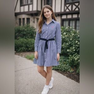 Polo Ralph Lauren Dress Girls 10 Blue White Striped Belted Shirt Long Sleeve